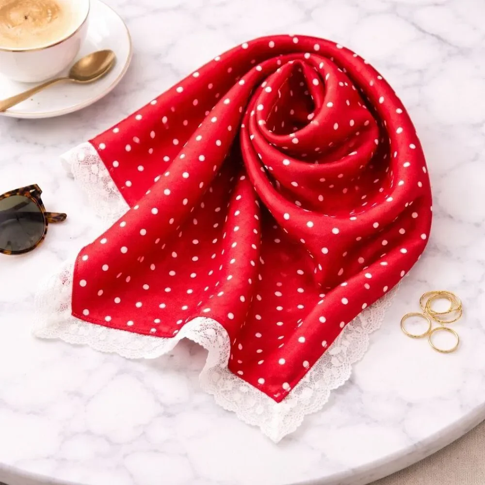For Love & Lemons Polka Dot Scarf Red Lace Trim Silk Head Neck Square UO New